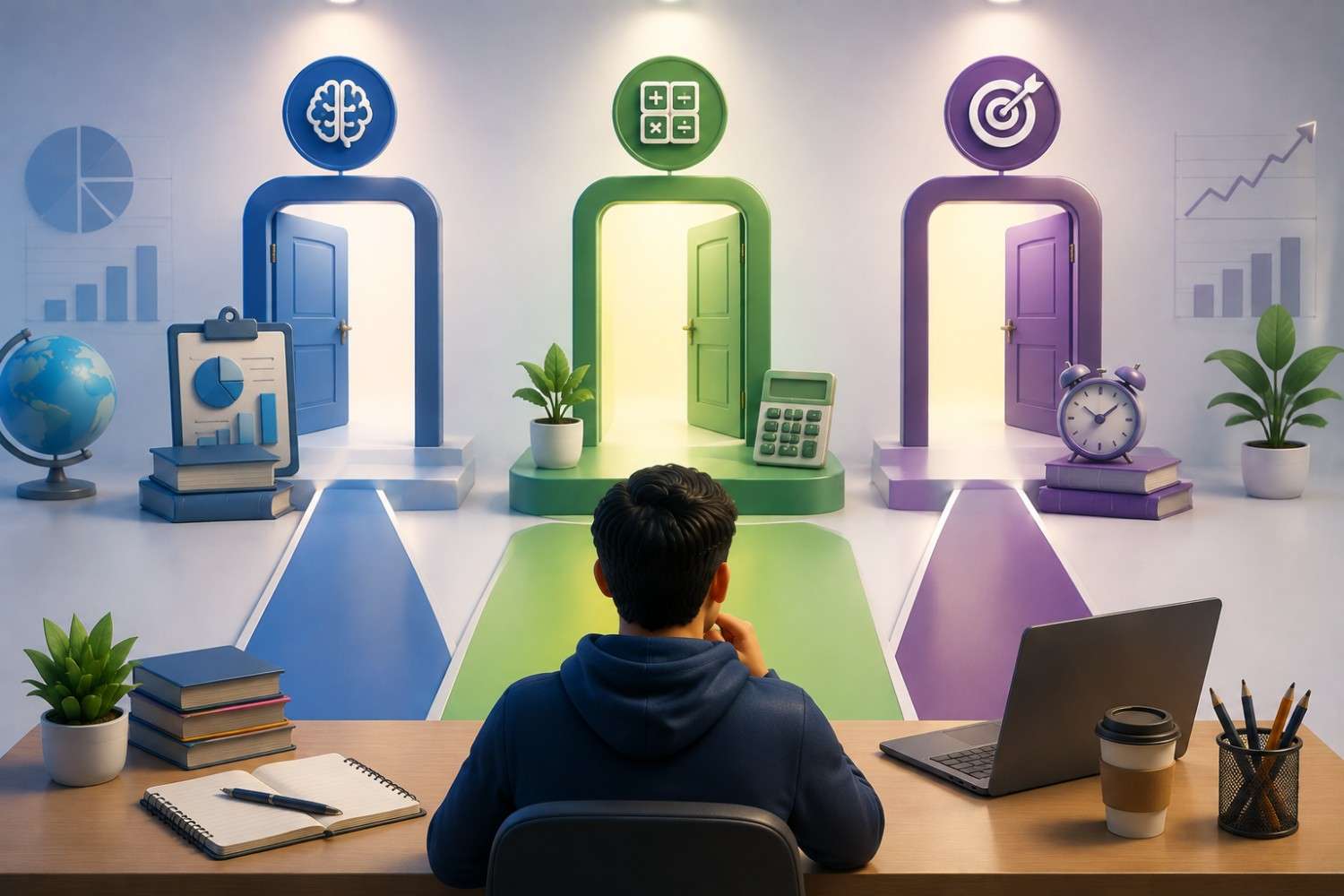 GMAT vs GRE vs CAT difficulty comparison concept featuring a student choosing between exam pathways with study materials, analytical symbols, clock, calculator, books and academic decision elements.